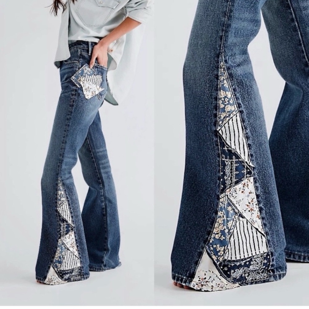 DRIFTWOOD Denim Flare Jeans with Blue & White Patchwork Insets